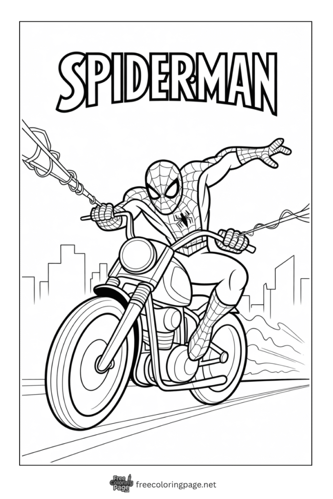 coloring page of spiderman rash riding and web sling