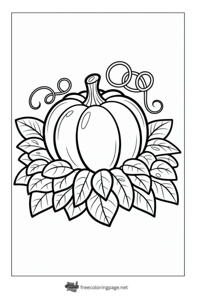 coloring page of thanksgiving pumpkin with leaves