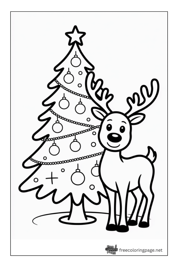 coloring page of christmas tree and rudolph