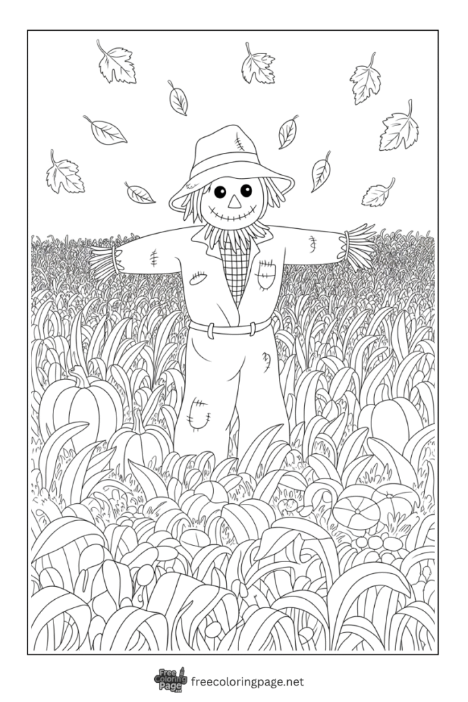 coloring page of thanksgiving crow scare man in field