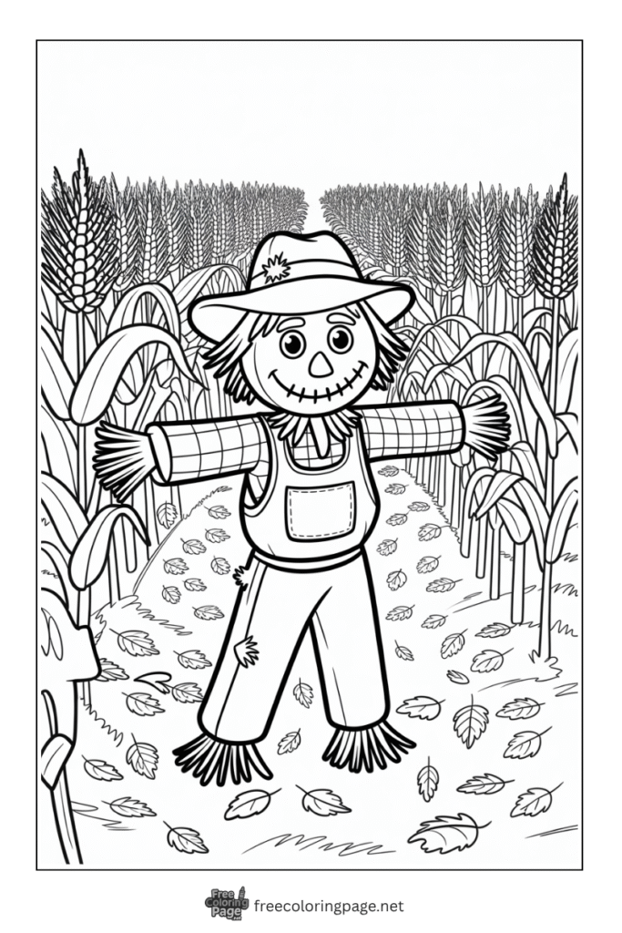 coloring page of thanksgiving scarecrow in corn field