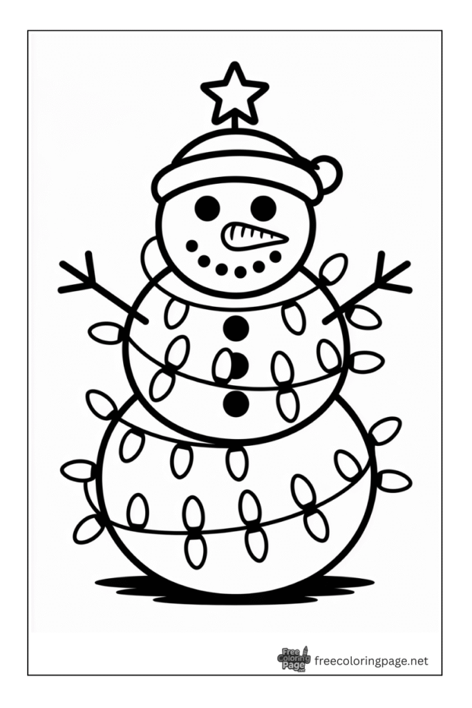 coloring page of christmas snowman covered in lights