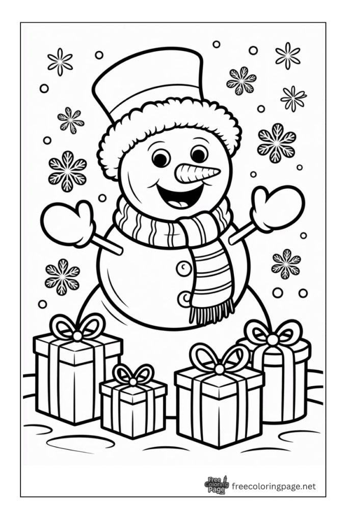 coloring page of christmas snowman with gifts