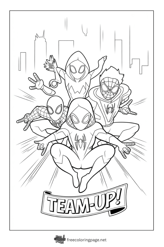 coloring page of spiderman with team members