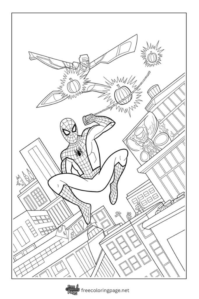 coloring page of spiderman and green goblin together