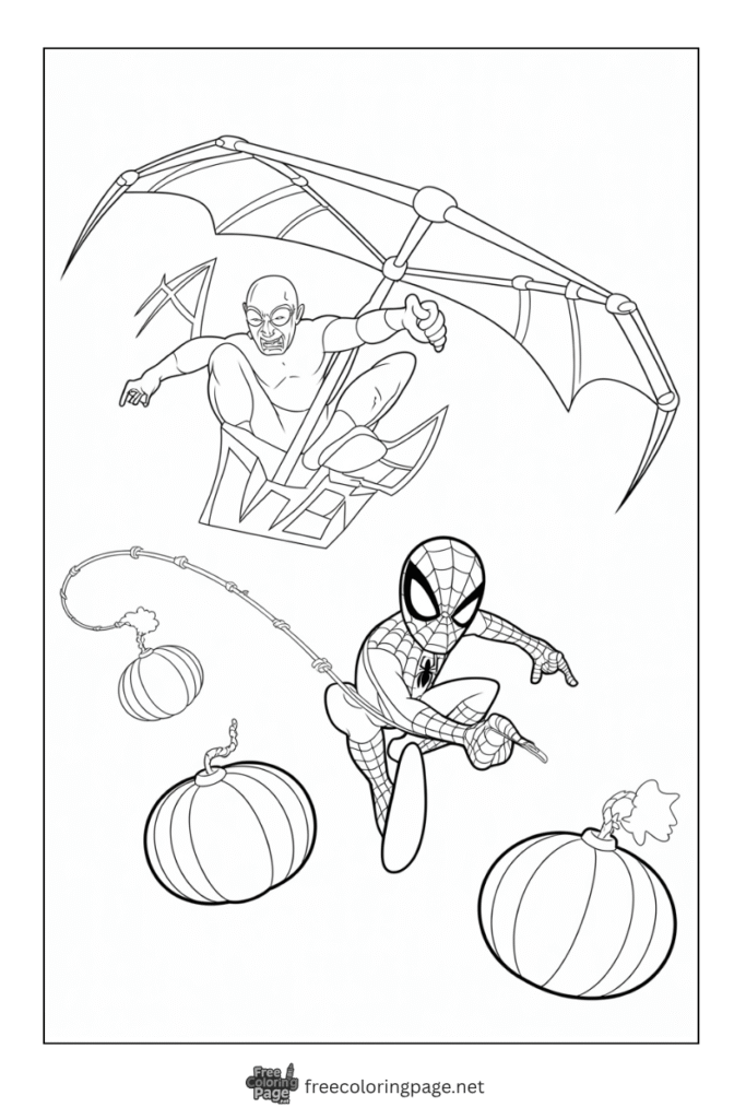 coloring page of spiderman and green goblin together