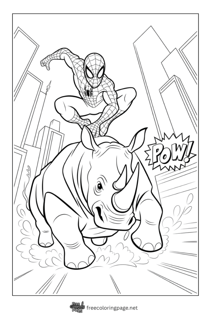 coloring page of spiderman running with rhino