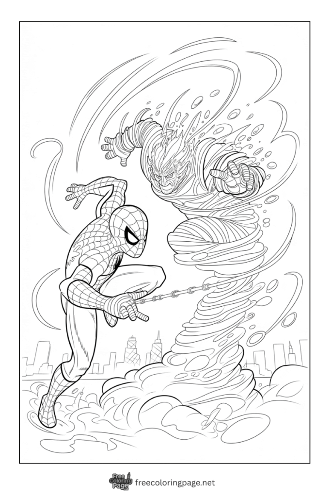 coloring page of spiderman fighting with sandstorm