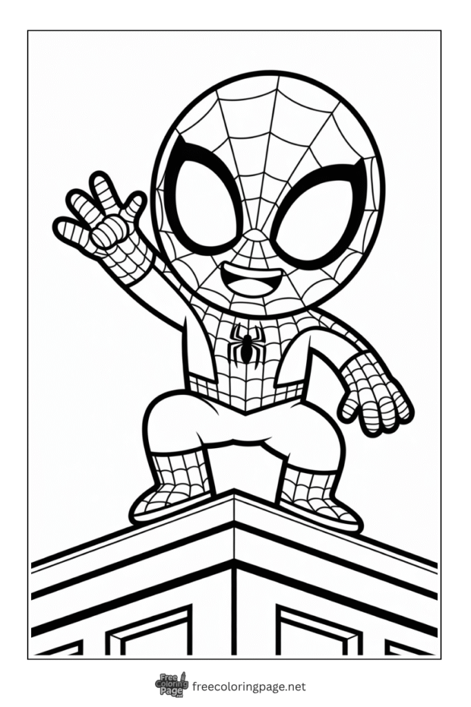 coloring page of chibi spiderman standing on building