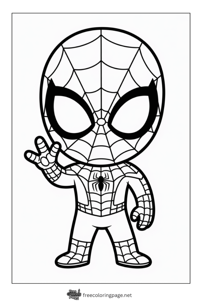 coloring page of spiderman chibi waving hand