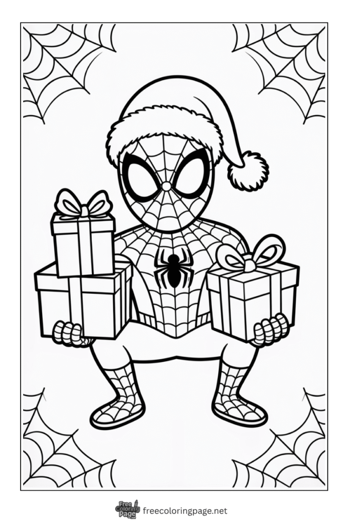coloring page of spiderman christmas gifts celebration