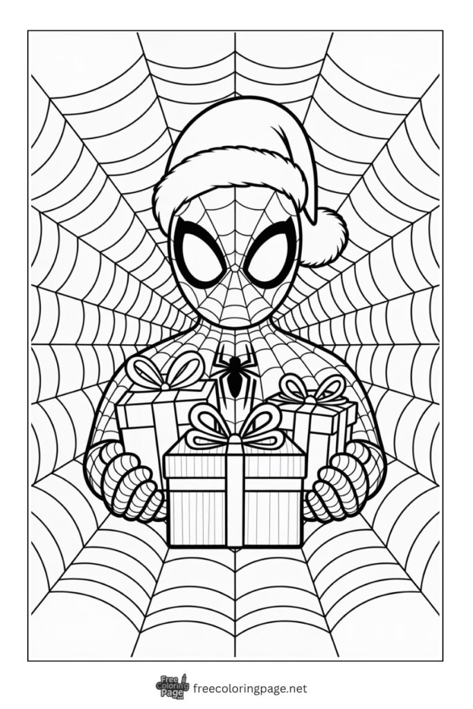 coloring page of spiderman wearing christmas hat and gifts