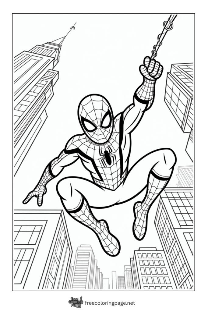 coloring page of spiderman jumping with web sling