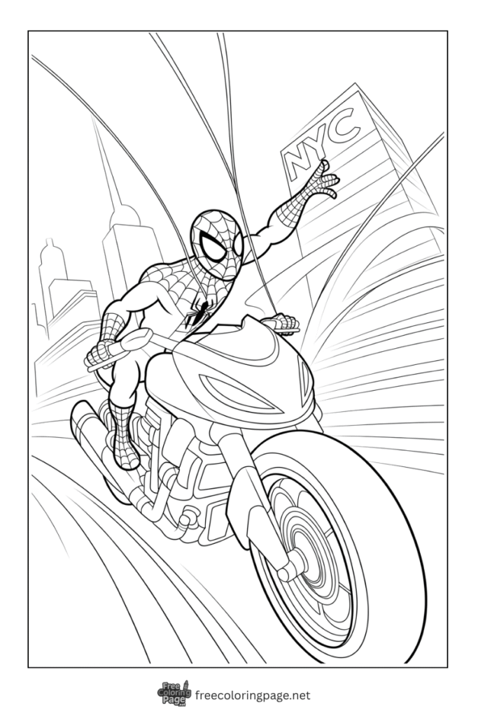 coloring page of spiderman riding the bike