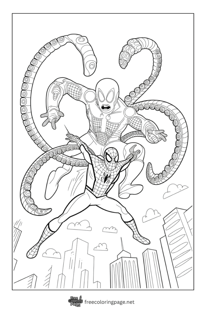 coloring page of dr octupus on spiderman fighting