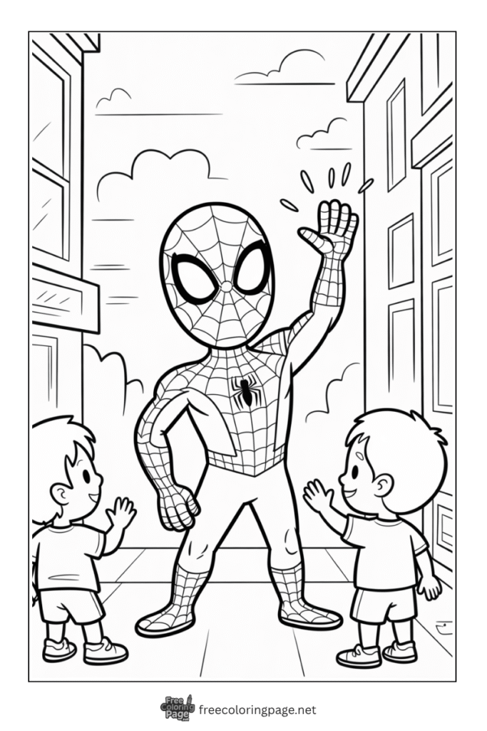 coloring page of spiderman with kids