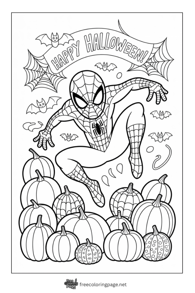 coloring page of spiderman happy halloween