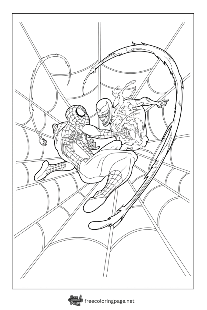 coloring page of spiderman and venom on web fight