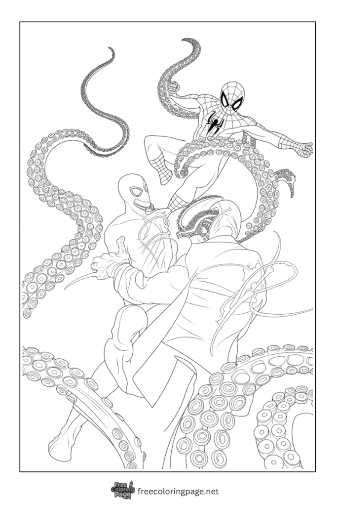 coloring page of spiderman fighting with dr octupus