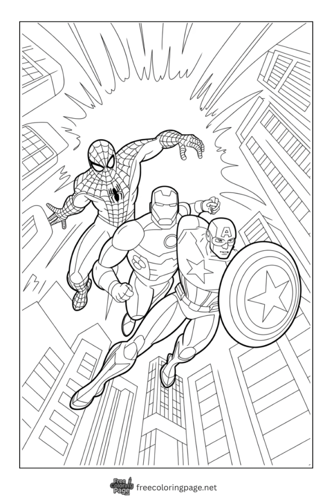 coloring page of spiderman captain america and iron man