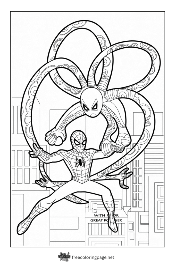 coloring page of spiderman and dr octupus fight scene