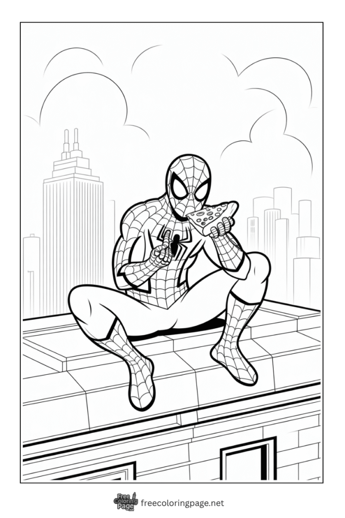 coloring page of spiderman eating pizza