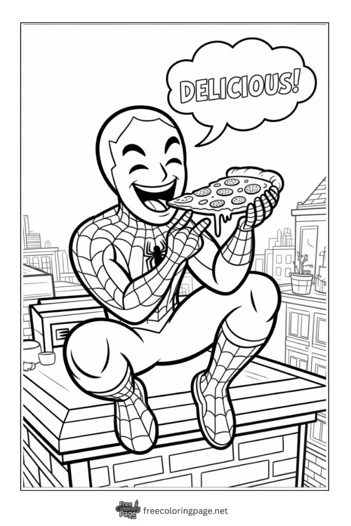 coloring page of spiderman funny moment sitting on roof top eating pizzza