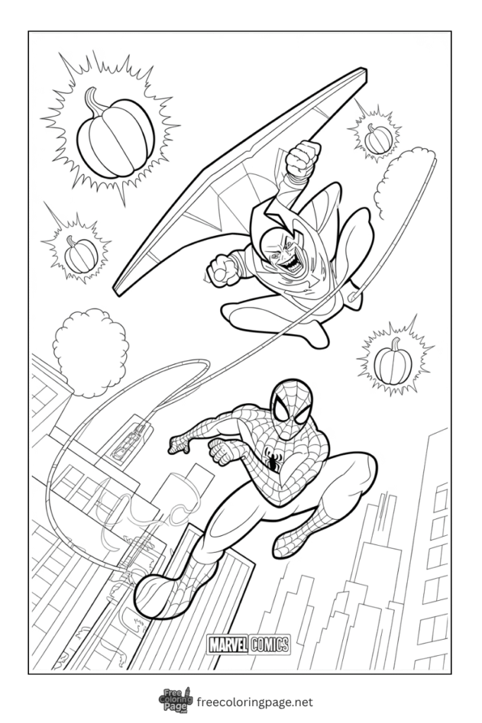 coloring page of green goblin attacking spiderman