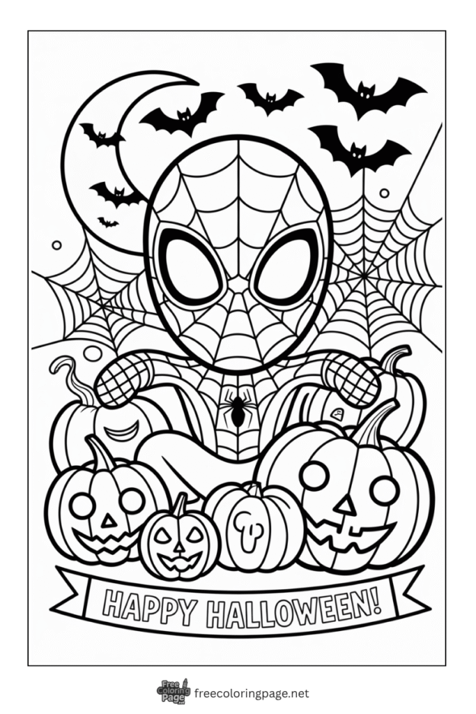 coloring page of spiderman and pumpkins and bats halloween
