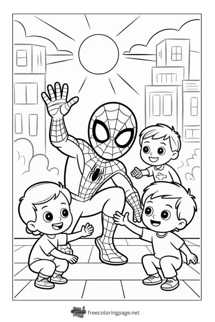 coloring page of spiderman and kids together