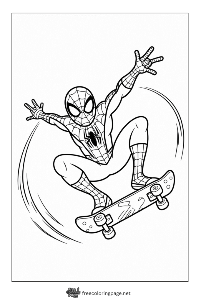 coloring page of spiderman skating the board