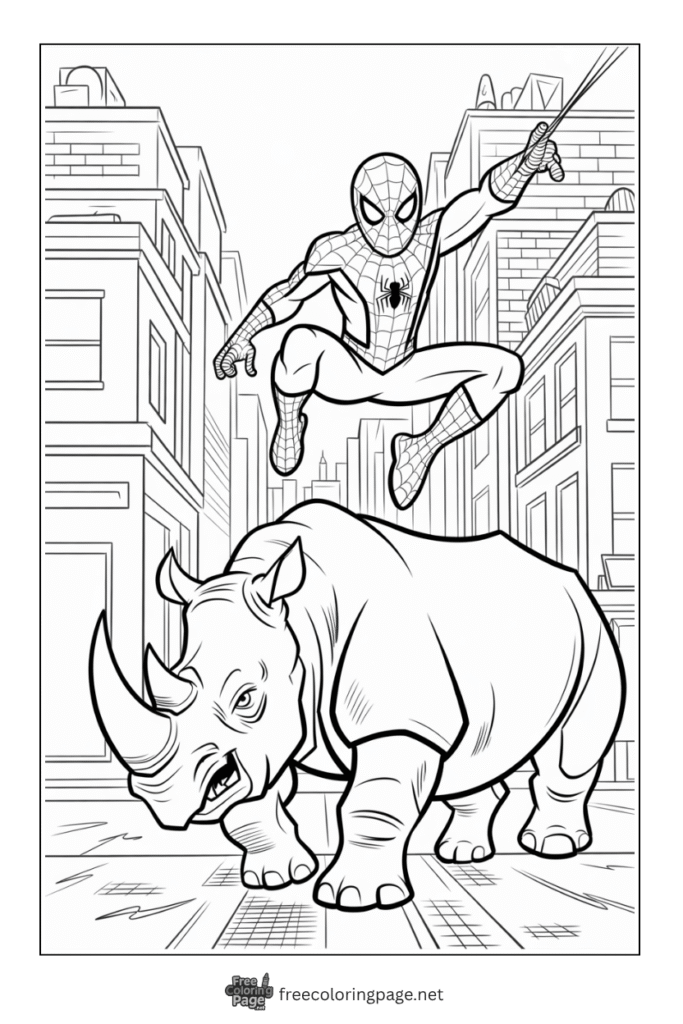 coloring page of spiderman with rhino scene