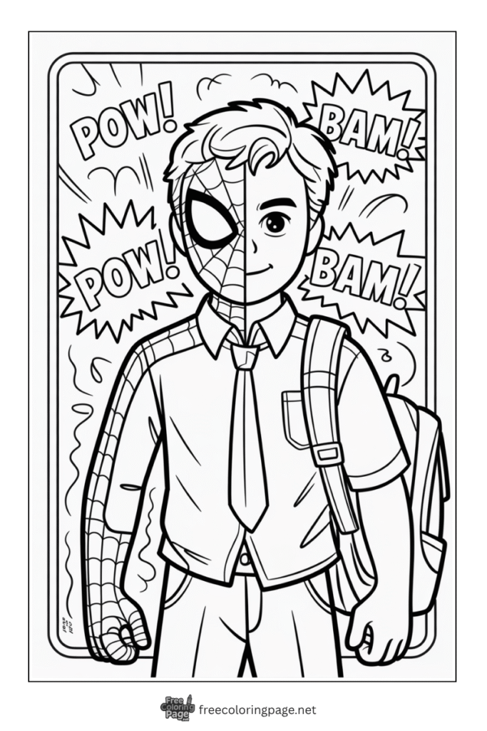 coloring page of spiderman in school uniform
