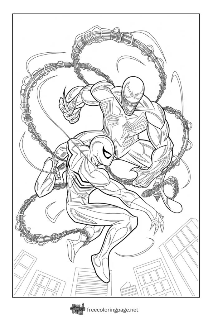 coloring page of spiderman and venom together