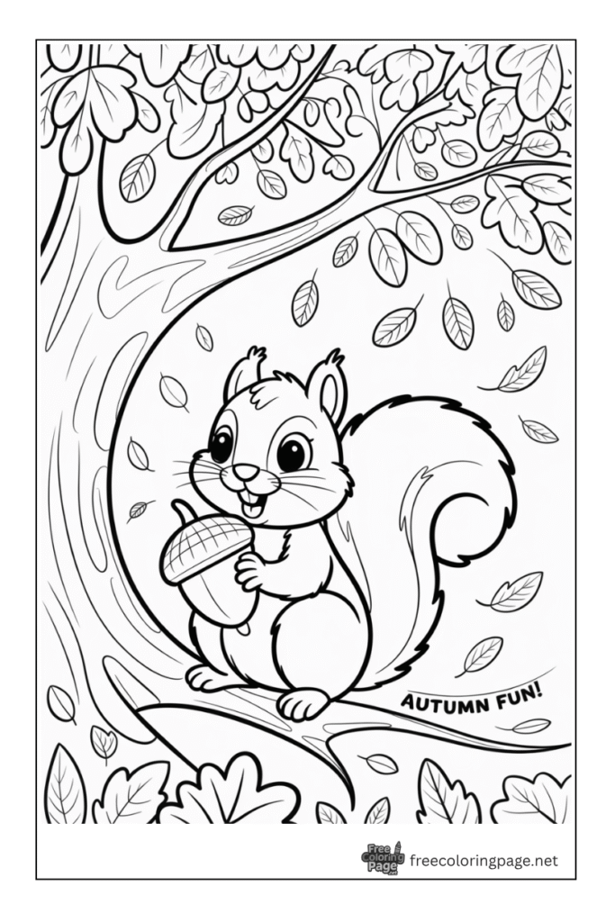 coloring page of autumn quirrel with acron