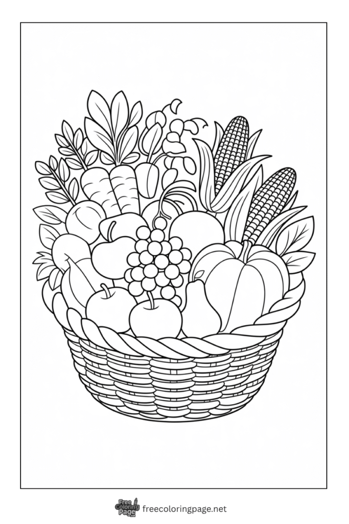 coloring page of thanksgiving farm basket pumpkin corn apple