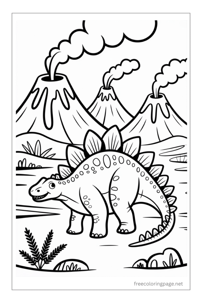 coloring page of stegosaurus dinosaur in volcanic field