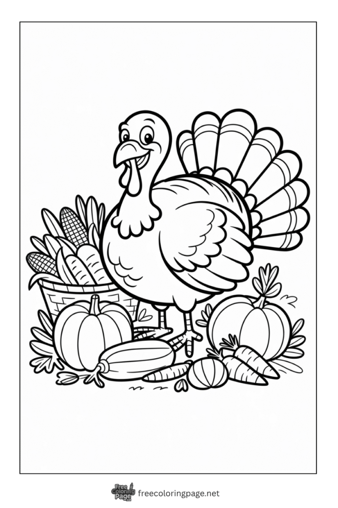 coloring page of thanksgiving turkey standing with farm crops
