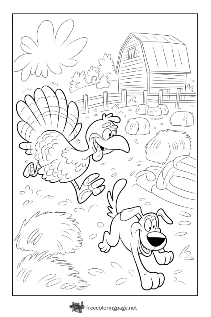 coloring page of thanksgiving turkey running after dog
