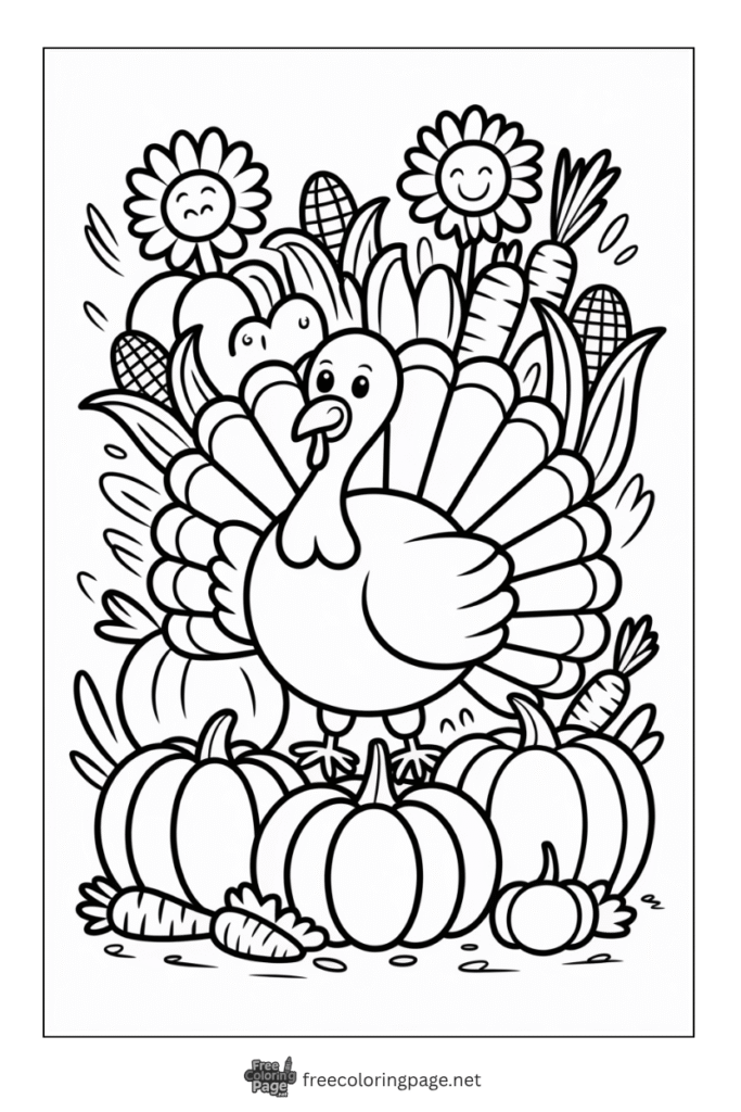 coloring page of thanksgiving crops pumpkins corn carrot with turkey