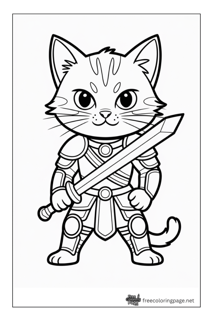coloring page of warrior cat with sword in hand