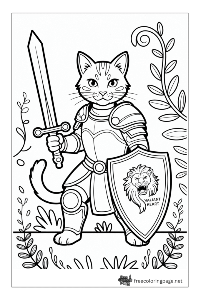 coloring page of warrior cat with sword and shield