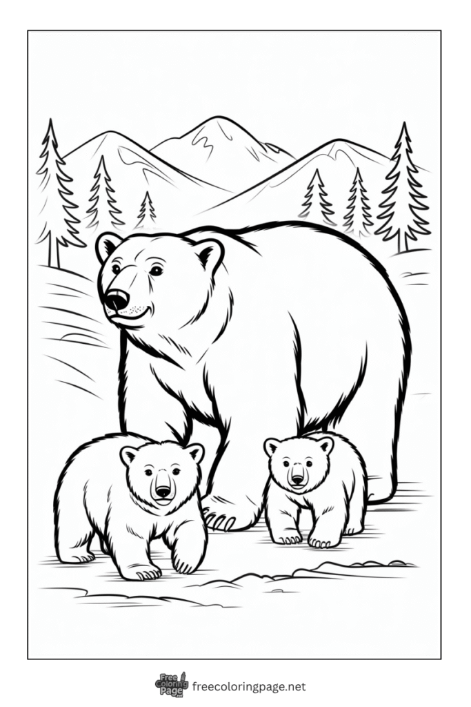coloring page of winter bear family