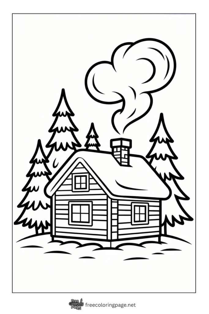 coloring page of winter cozy cabin