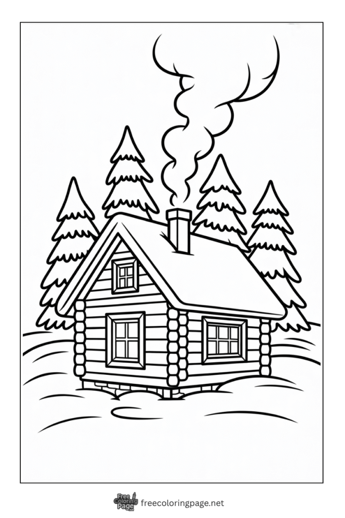 coloring page of winter cabin