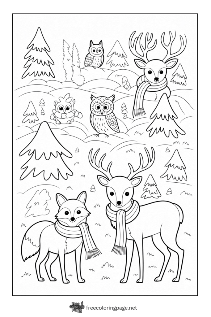 coloring page of winter animals deer fox owl