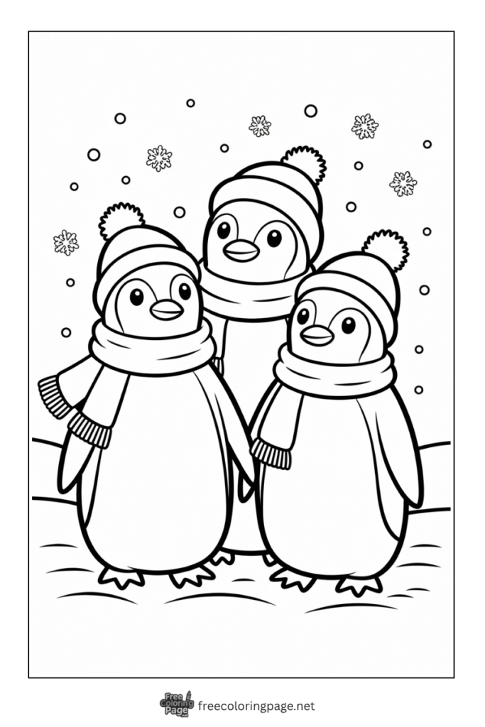 coloring page of winter penguins in snowfall