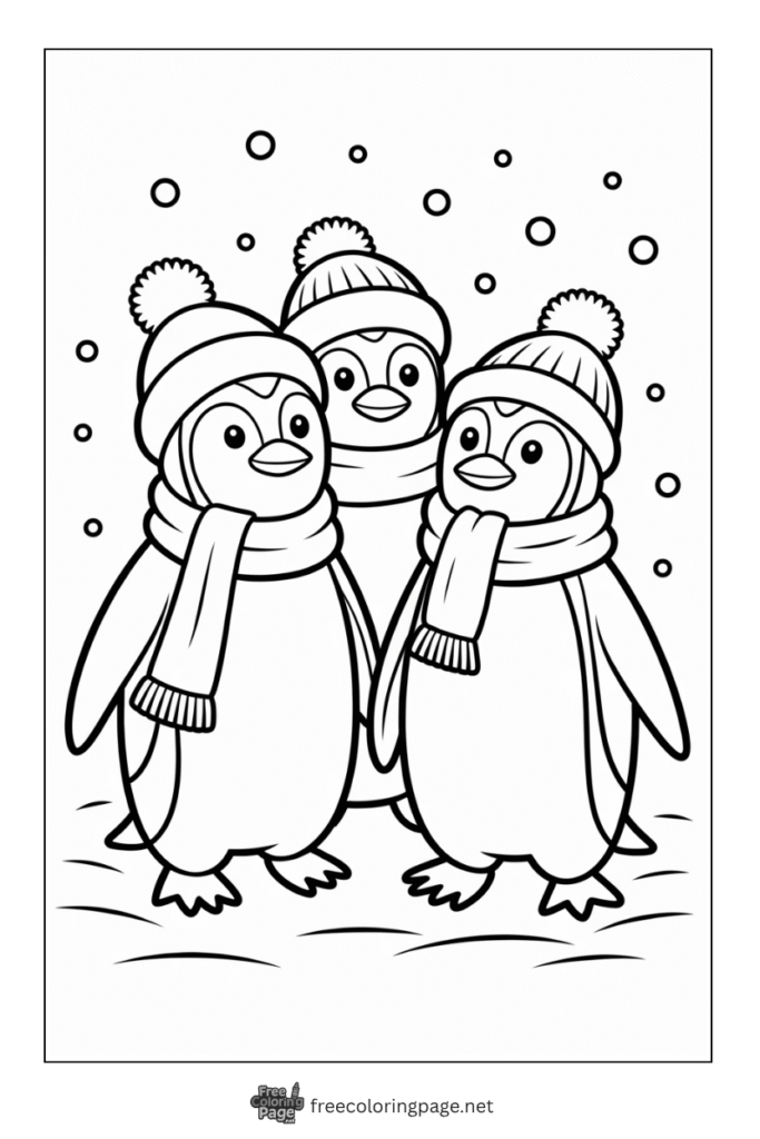 coloring page of winter pengins on snow