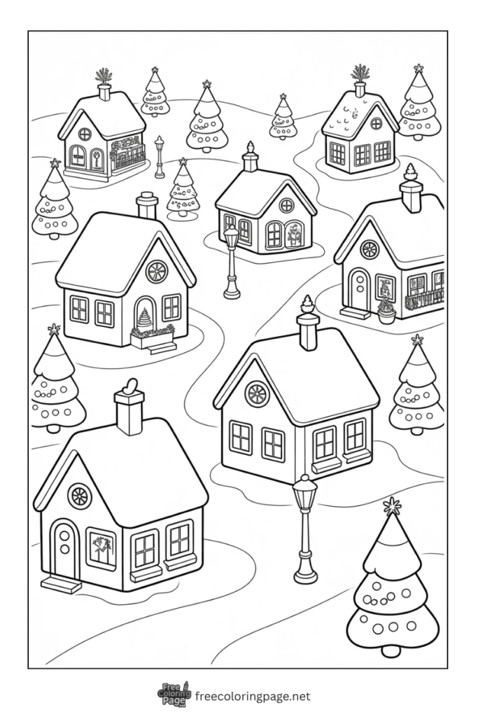 coloring page of winter village snowfall