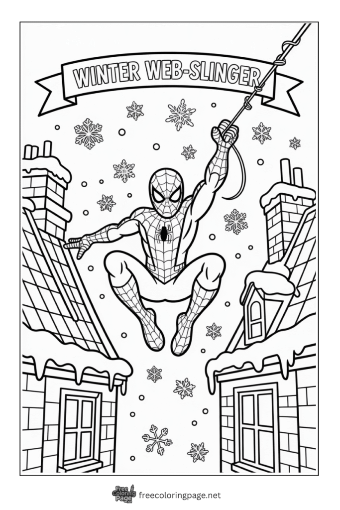 coloring page of spiderman in winter